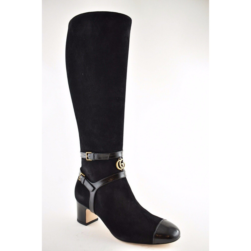 Gucci Geraldine 55 Black Suede Patent GG Gold Logo Low Heel Knee High Boot 35 - Picture 4 of 12